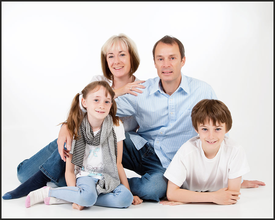 Family group with blue, white and grey colour theme.