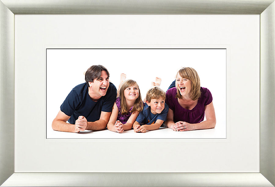Panoramic family photo print with 2:1 aspect ratio with bespoke mount and frame